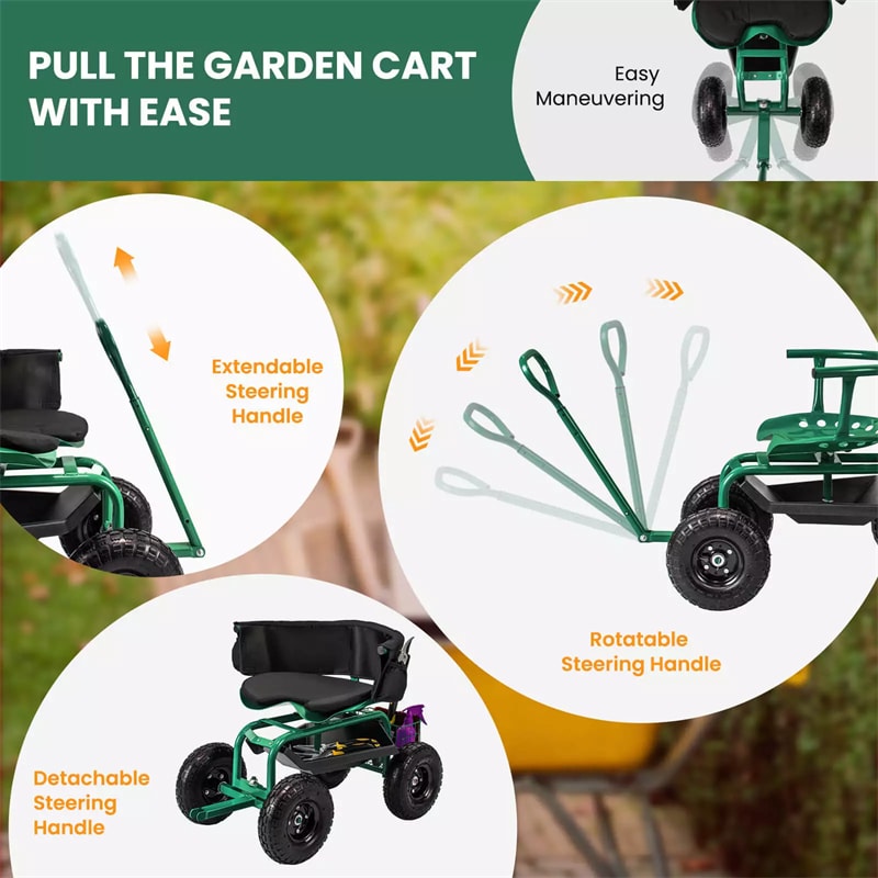 Rolling Garden Cart, Height Adjustable Garden Scooter with 360¡ã Swivel Work Seat, Tool Tray, Storage Basket & Handle for Yard Gardening Work