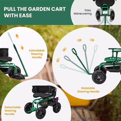 Rolling Garden Cart, Height Adjustable Garden Scooter with 360¡ã Swivel Work Seat, Tool Tray, Storage Basket & Handle for Yard Gardening Work