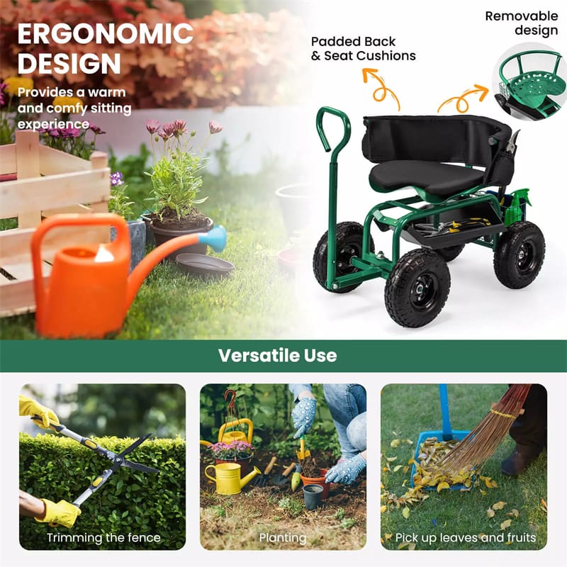 Rolling Garden Cart, Height Adjustable Garden Scooter with 360¡ã Swivel Work Seat, Tool Tray, Storage Basket & Handle for Yard Gardening Work