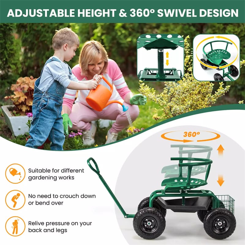 Rolling Garden Cart, Height Adjustable Garden Scooter with 360¡ã Swivel Work Seat, Tool Tray, Storage Basket & Handle for Yard Gardening Work