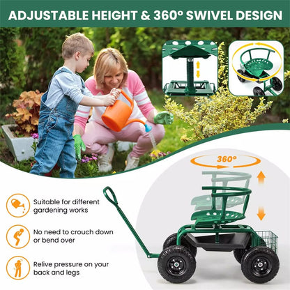 Rolling Garden Cart, Height Adjustable Garden Scooter with 360¡ã Swivel Work Seat, Tool Tray, Storage Basket & Handle for Yard Gardening Work