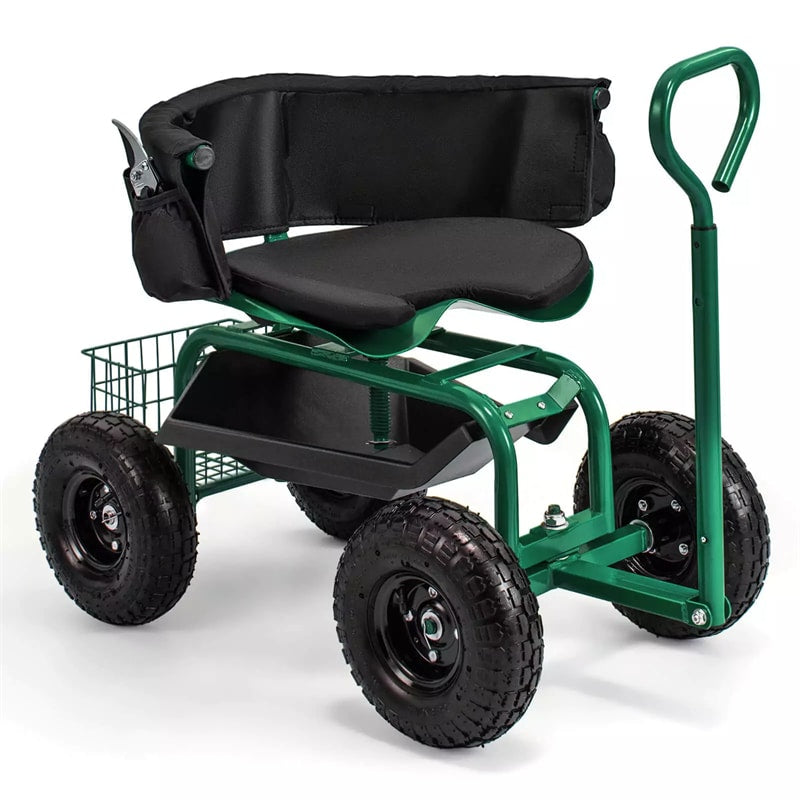 Rolling Garden Cart, Height Adjustable Garden Scooter with 360¡ã Swivel Work Seat, Tool Tray, Storage Basket & Handle for Yard Gardening Work