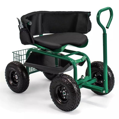 Rolling Garden Cart, Height Adjustable Garden Scooter with 360¡ã Swivel Work Seat, Tool Tray, Storage Basket & Handle for Yard Gardening Work