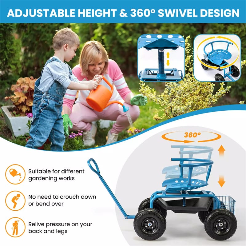 Rolling Garden Cart, Height Adjustable Garden Scooter with 360¡ã Swivel Work Seat, Tool Tray, Storage Basket & Handle for Yard Gardening Work
