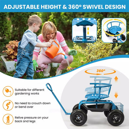 Rolling Garden Cart, Height Adjustable Garden Scooter with 360¡ã Swivel Work Seat, Tool Tray, Storage Basket & Handle for Yard Gardening Work