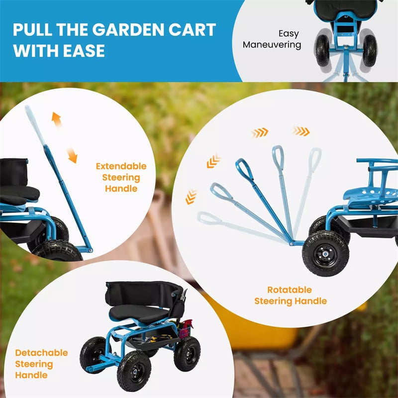 Rolling Garden Cart, Height Adjustable Garden Scooter with 360¡ã Swivel Work Seat, Tool Tray, Storage Basket & Handle for Yard Gardening Work