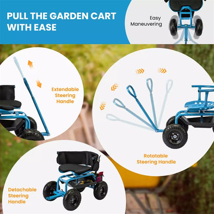 Rolling Garden Cart, Height Adjustable Garden Scooter with 360¡ã Swivel Work Seat, Tool Tray, Storage Basket & Handle for Yard Gardening Work