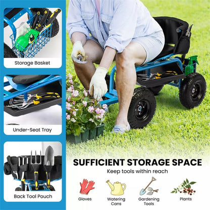 Rolling Garden Cart, Height Adjustable Garden Scooter with 360¡ã Swivel Work Seat, Tool Tray, Storage Basket & Handle for Yard Gardening Work
