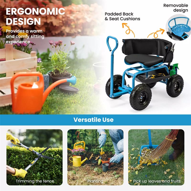 Rolling Garden Cart, Height Adjustable Garden Scooter with 360¡ã Swivel Work Seat, Tool Tray, Storage Basket & Handle for Yard Gardening Work