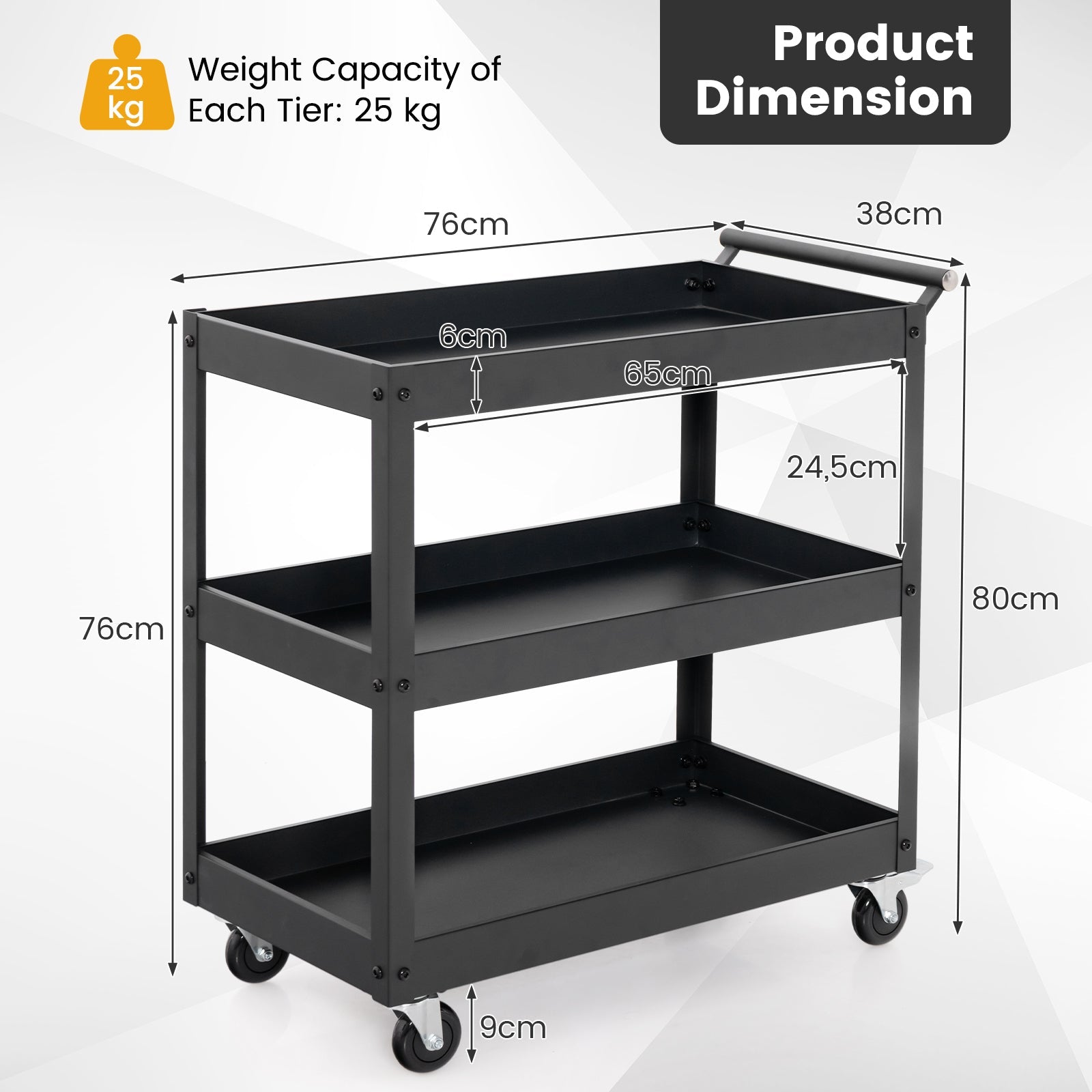 3-Tier Utility Cart, Heavy Duty Service Cart with Ample Storage Space & Humanized Handle