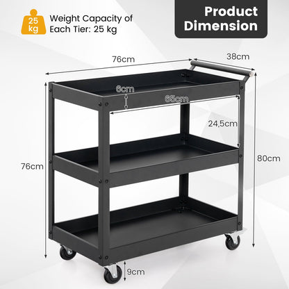 3-Tier Utility Cart, Heavy Duty Service Cart with Ample Storage Space & Humanized Handle