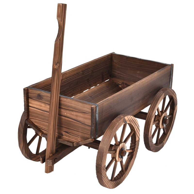 Wood Wagon Flower Planter Pot Stand with Wheels & Drainage Holes, Wagon Garden Planter for Plants & Outdoor Home Decor - Bestoutdor