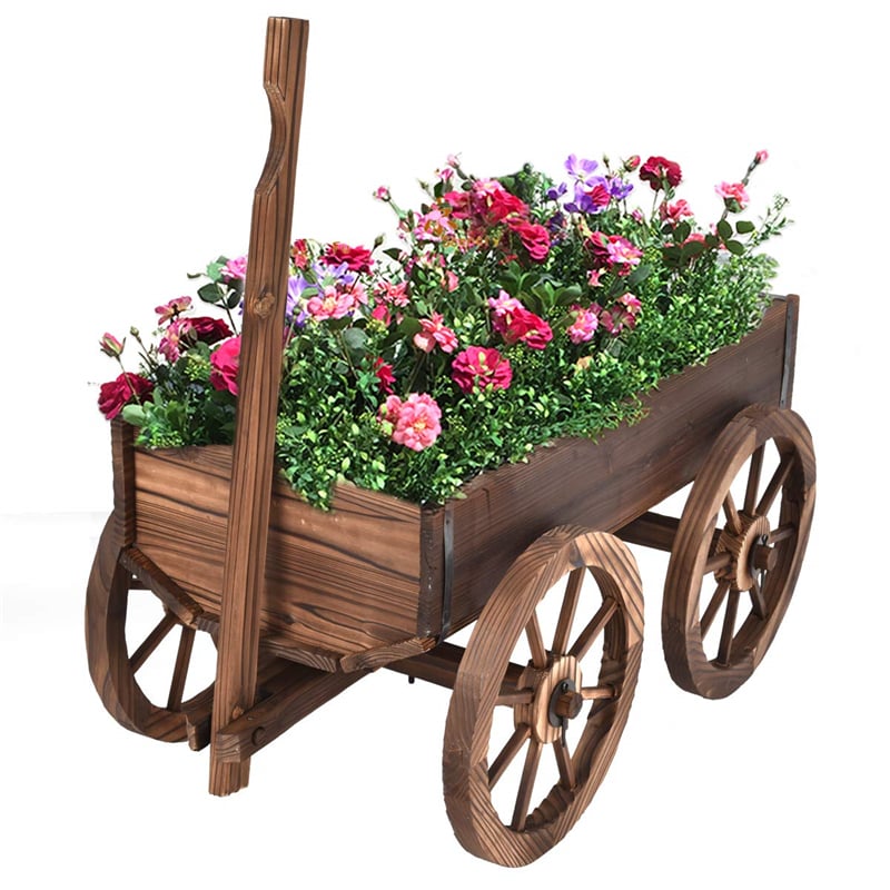 Wood Wagon Flower Planter Pot Stand with Wheels & Drainage Holes, Wagon Garden Planter for Plants & Outdoor Home Decor - Bestoutdor