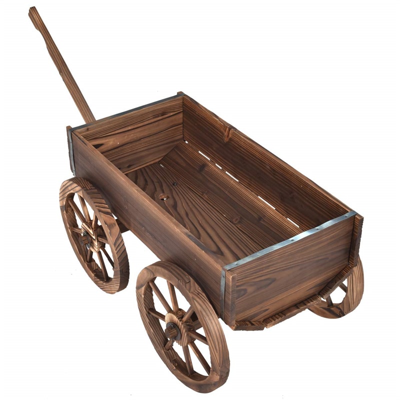 Wood Wagon Flower Planter Pot Stand with Wheels & Drainage Holes, Wagon Garden Planter for Plants & Outdoor Home Decor - Bestoutdor
