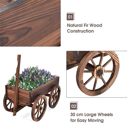 Wood Wagon Flower Planter Pot Stand with Wheels & Drainage Holes, Wagon Garden Planter for Plants & Outdoor Home Decor - Bestoutdor
