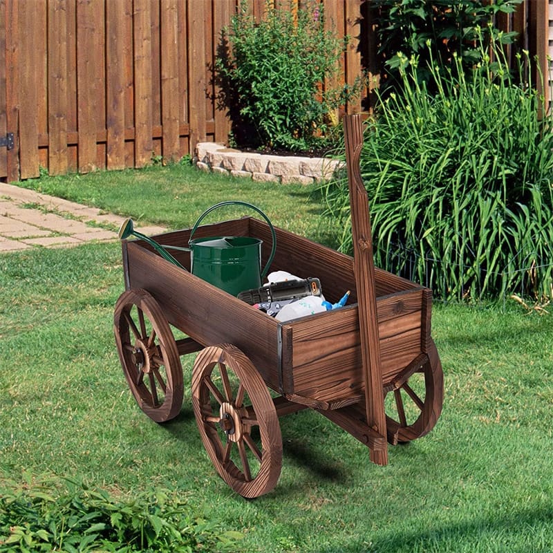 Wood Wagon Flower Planter Pot Stand with Wheels & Drainage Holes, Wagon Garden Planter for Plants & Outdoor Home Decor - Bestoutdor