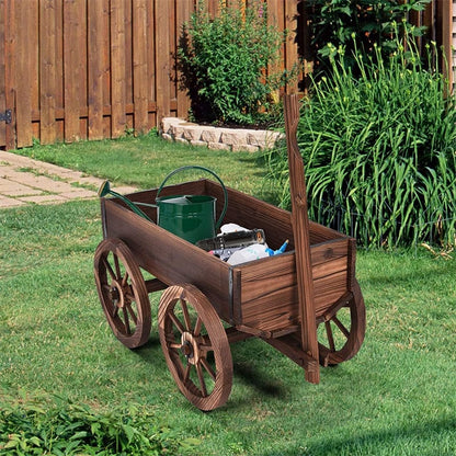 Wood Wagon Flower Planter Pot Stand with Wheels & Drainage Holes, Wagon Garden Planter for Plants & Outdoor Home Decor - Bestoutdor