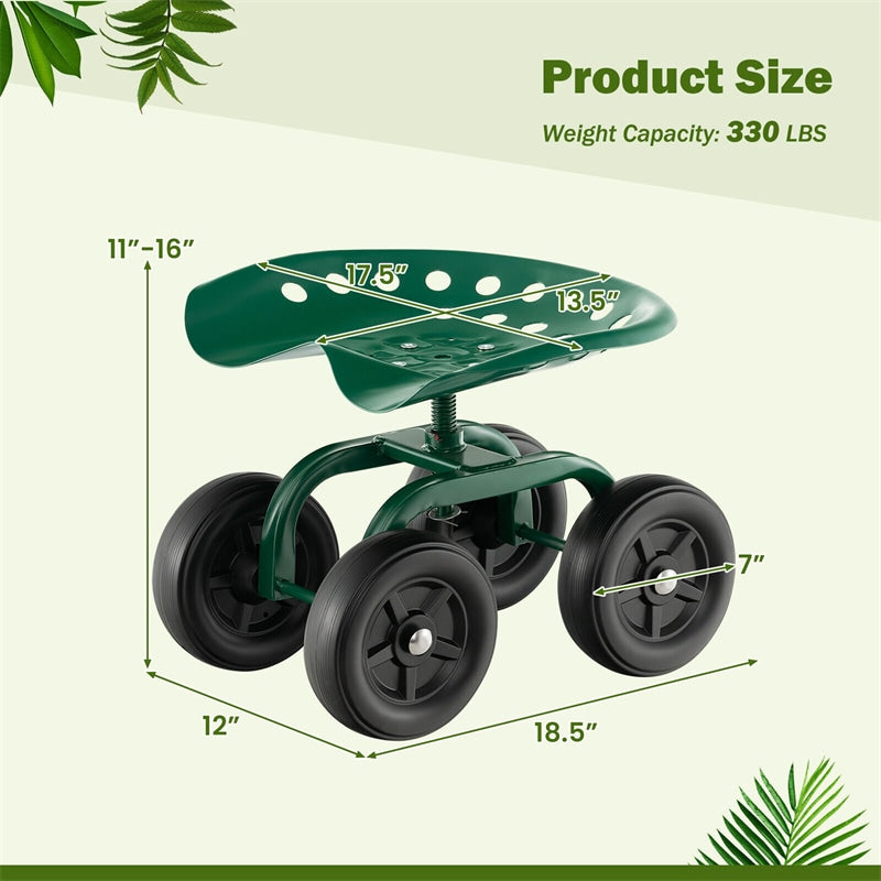 Heavy Duty Garden Cart with 360¡ã Swivel Seat & Wheels, Height Adjustable Rolling Gardening Seat Utility Stool Cart Garden Scooter for Planting