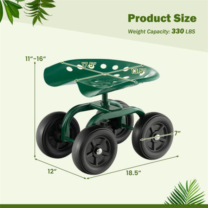 Heavy Duty Garden Cart with 360¡ã Swivel Seat & Wheels, Height Adjustable Rolling Gardening Seat Utility Stool Cart Garden Scooter for Planting