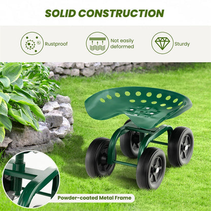 Heavy Duty Garden Cart with 360¡ã Swivel Seat & Wheels, Height Adjustable Rolling Gardening Seat Utility Stool Cart Garden Scooter for Planting