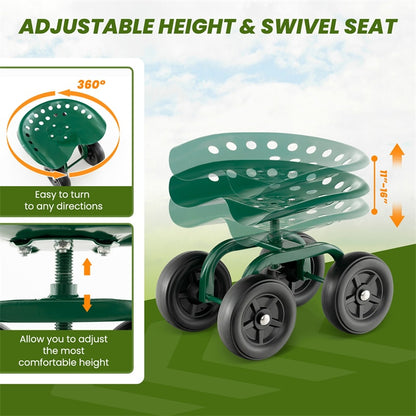 Heavy Duty Garden Cart with 360¡ã Swivel Seat & Wheels, Height Adjustable Rolling Gardening Seat Utility Stool Cart Garden Scooter for Planting