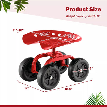 Heavy Duty Garden Cart with 360¡ã Swivel Seat & Wheels, Height Adjustable Rolling Gardening Seat Utility Stool Cart Garden Scooter for Planting