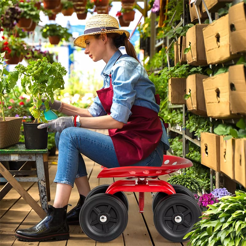 Heavy Duty Garden Cart with 360¡ã Swivel Seat & Wheels, Height Adjustable Rolling Gardening Seat Utility Stool Cart Garden Scooter for Planting