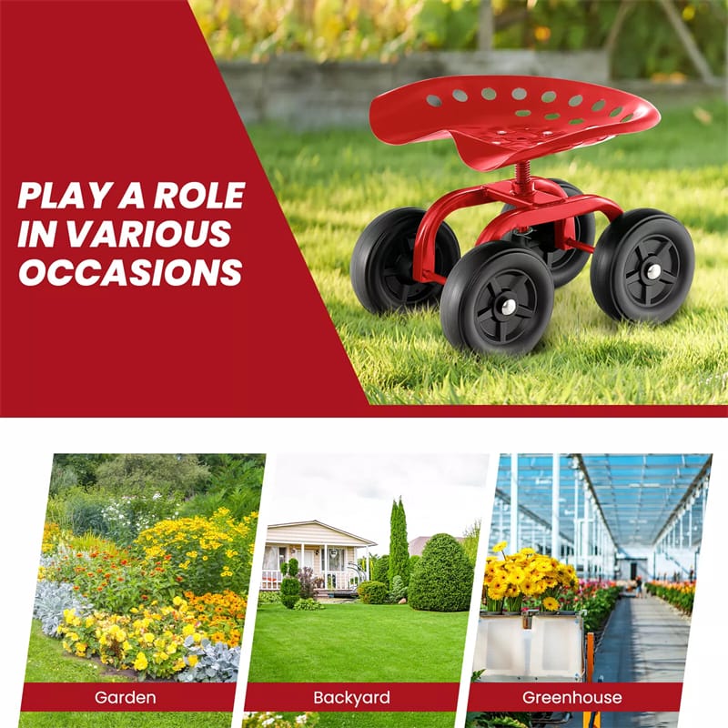 Heavy Duty Garden Cart with 360¡ã Swivel Seat & Wheels, Height Adjustable Rolling Gardening Seat Utility Stool Cart Garden Scooter for Planting