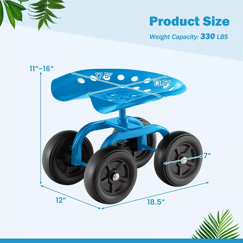 Heavy Duty Garden Cart with 360¡ã Swivel Seat & Wheels, Height Adjustable Rolling Gardening Seat Utility Stool Cart Garden Scooter for Planting