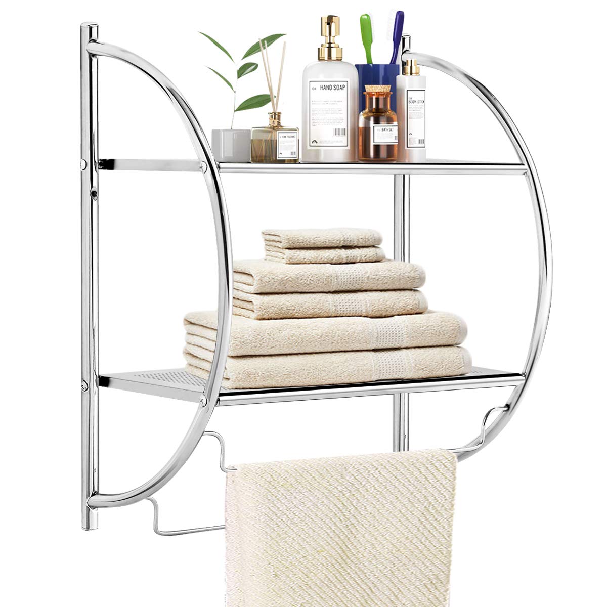 2-Tier Wall-Mounted Towel Organizer Rack with/2 Hanging Bars, Metal Bathroom Toilet Storage Shelf