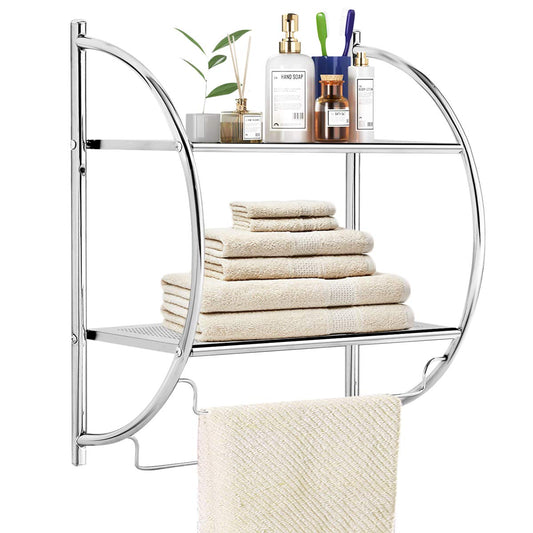 2-Tier Wall-Mounted Towel Organizer Rack with/2 Hanging Bars, Metal Bathroom Toilet Storage Shelf