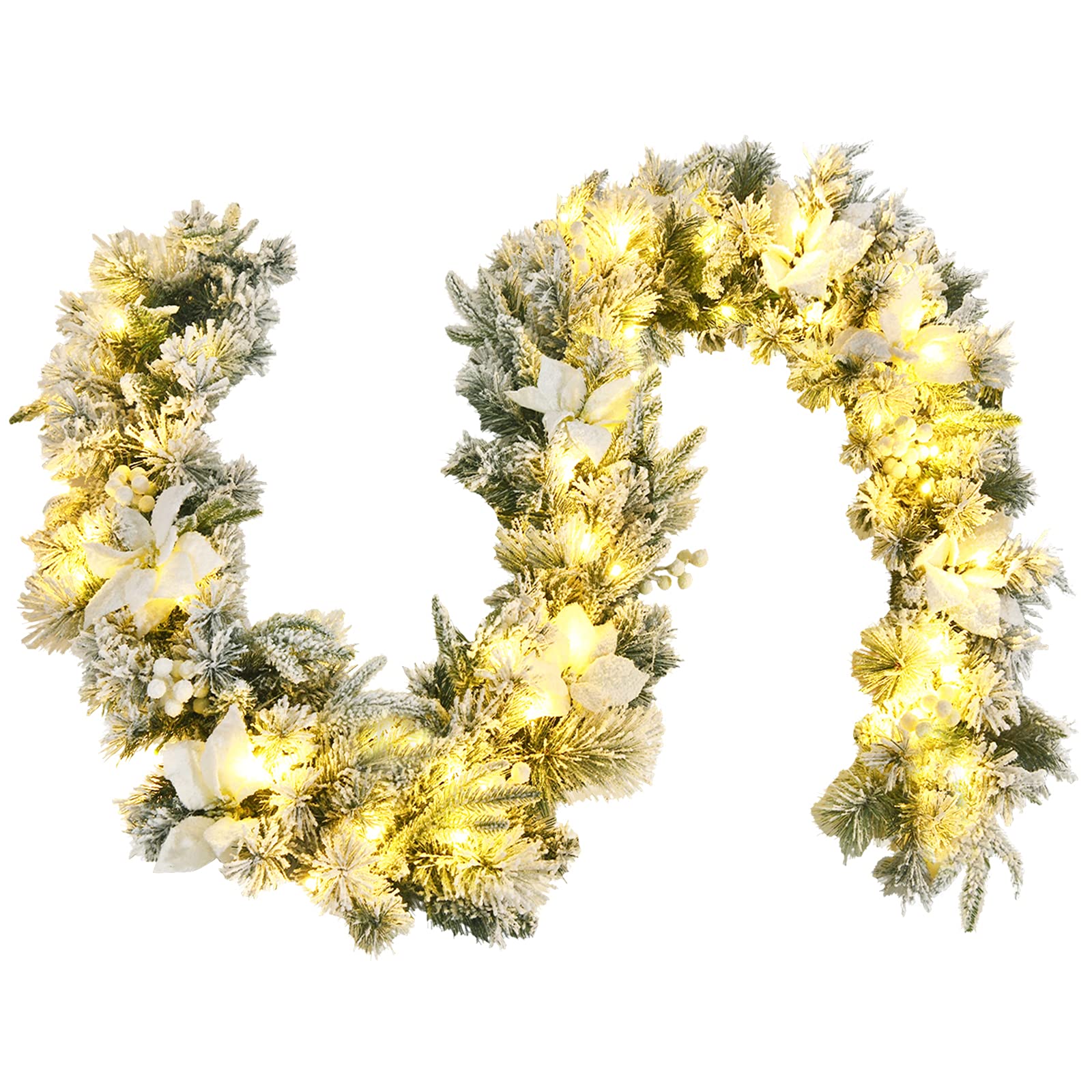 280cm Christmas Garland, Pre-Lit Flocked Garland w/180 Tips