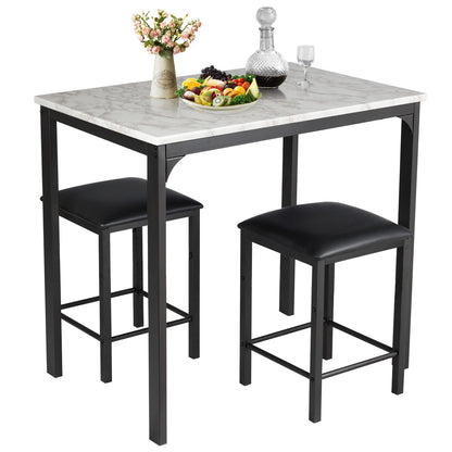 3 Pcs Dining Table and Chairs Set Modern Kichten Table w/Faux Marble Tabletop 2 Chairs Contemporary