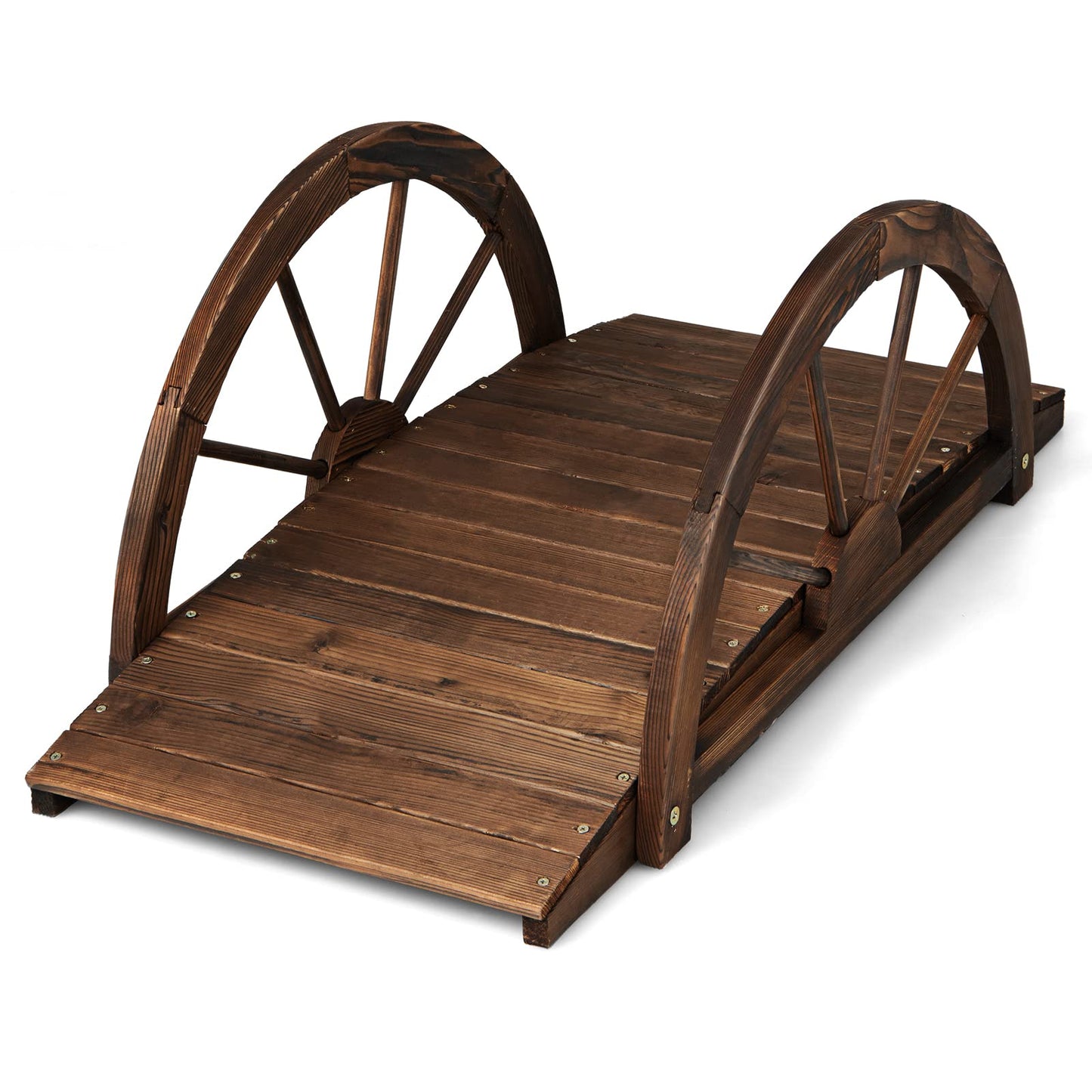 3.3 FT Wooden Garden Bridge, Carbonized Fir Wood Arc Bridge W/Wheel-Shaped Safety Railings