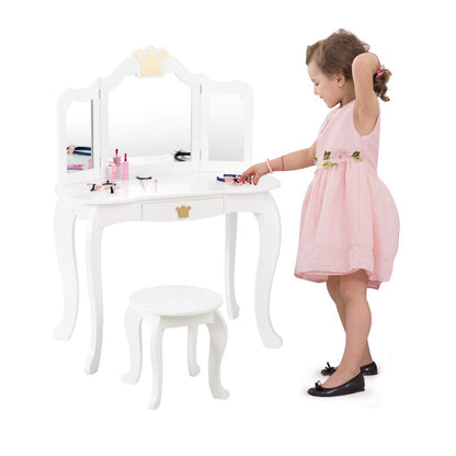2-in-1 Kids Dressing Table & Stool Set, Toddler Wooden Vanity Table with Tri-Fold Mirror & Drawer