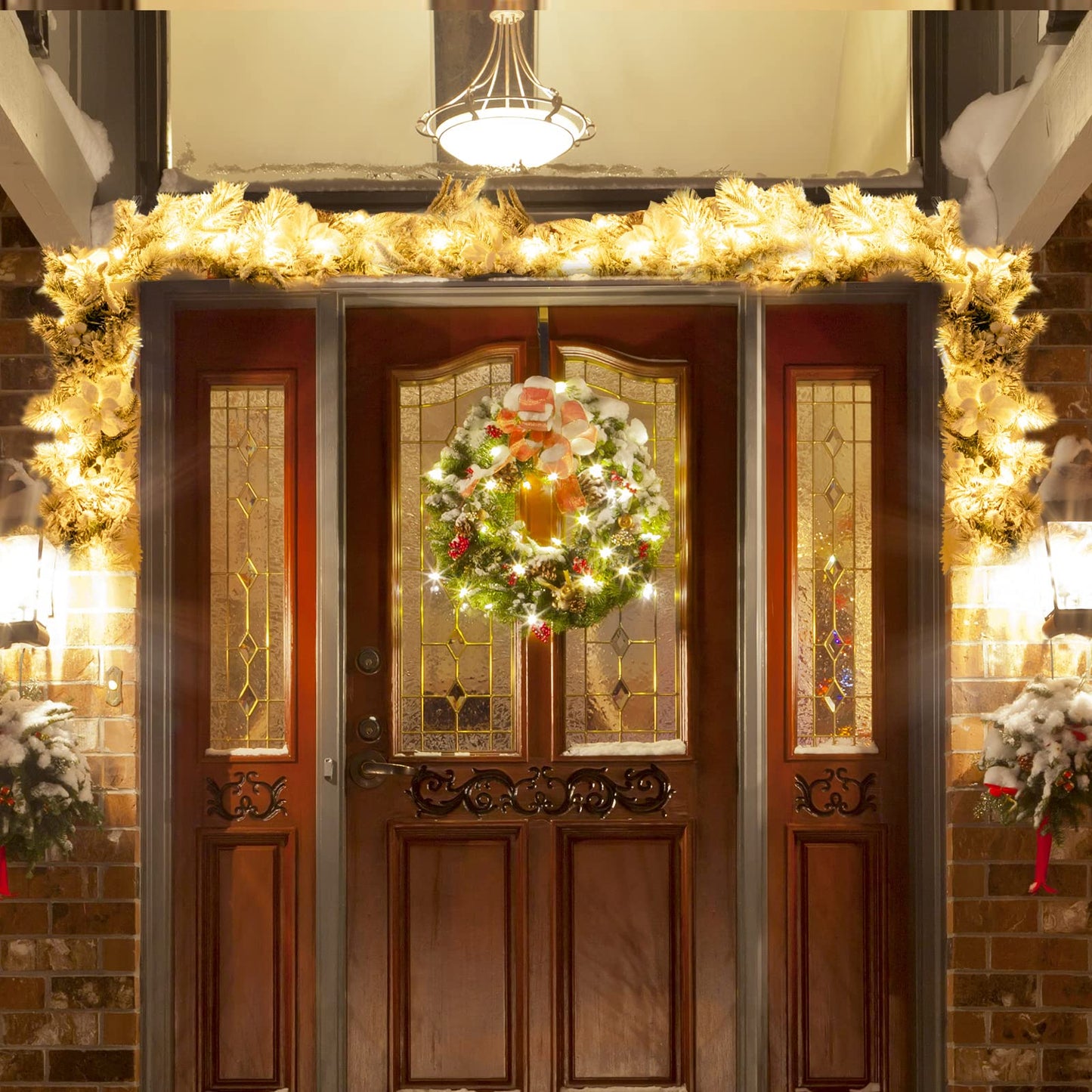 280cm Christmas Garland, Pre-Lit Flocked Garland w/180 Tips