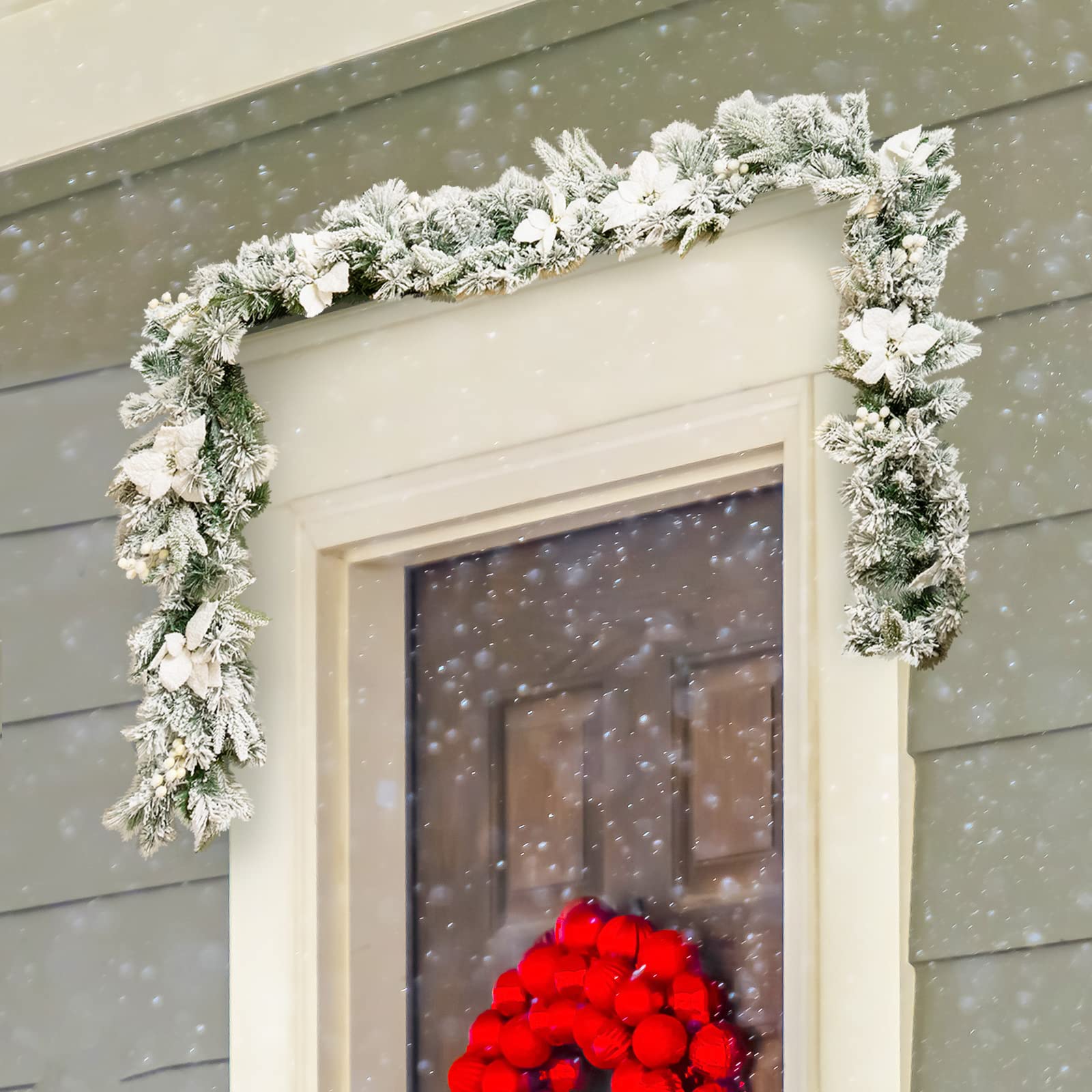 280cm Christmas Garland, Pre-Lit Flocked Garland w/180 Tips