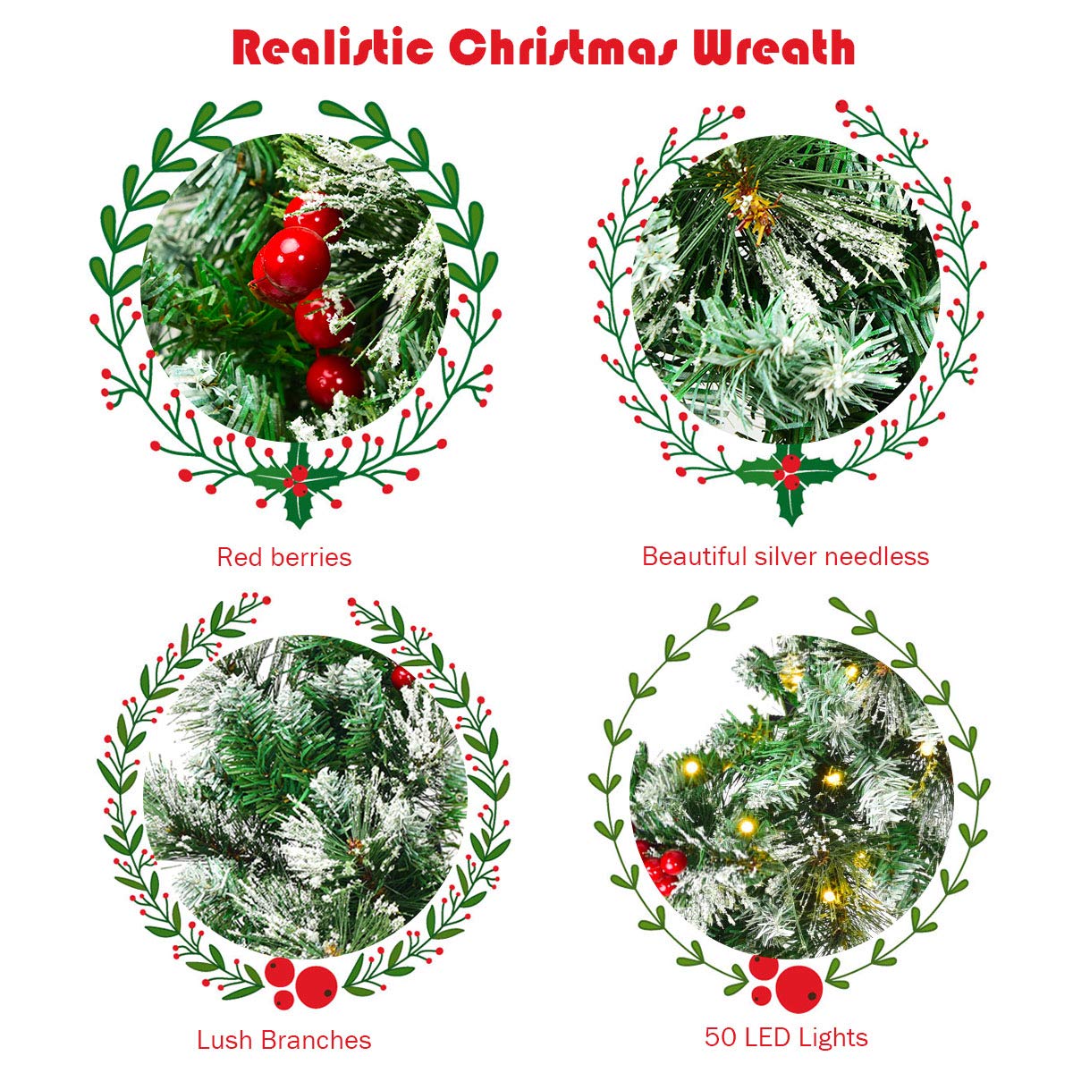 60cm Christmas Wreath, Artificial Pre-lit Lighted Christmas Wreath