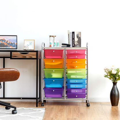 15-Drawer Rolling Storage Drawer Cart, Tools Scrapbook File Paper Craft Organizer Cart w/ Wheels