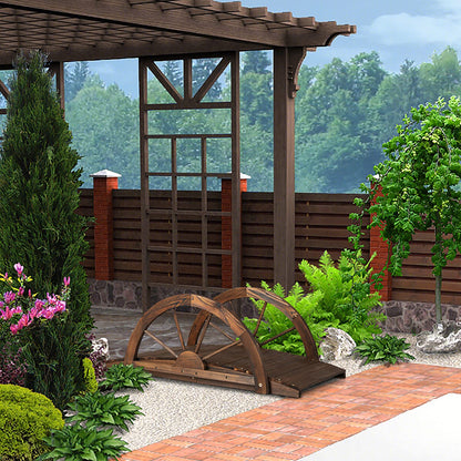 3.3 FT Wooden Garden Bridge, Carbonized Fir Wood Arc Bridge W/Wheel-Shaped Safety Railings