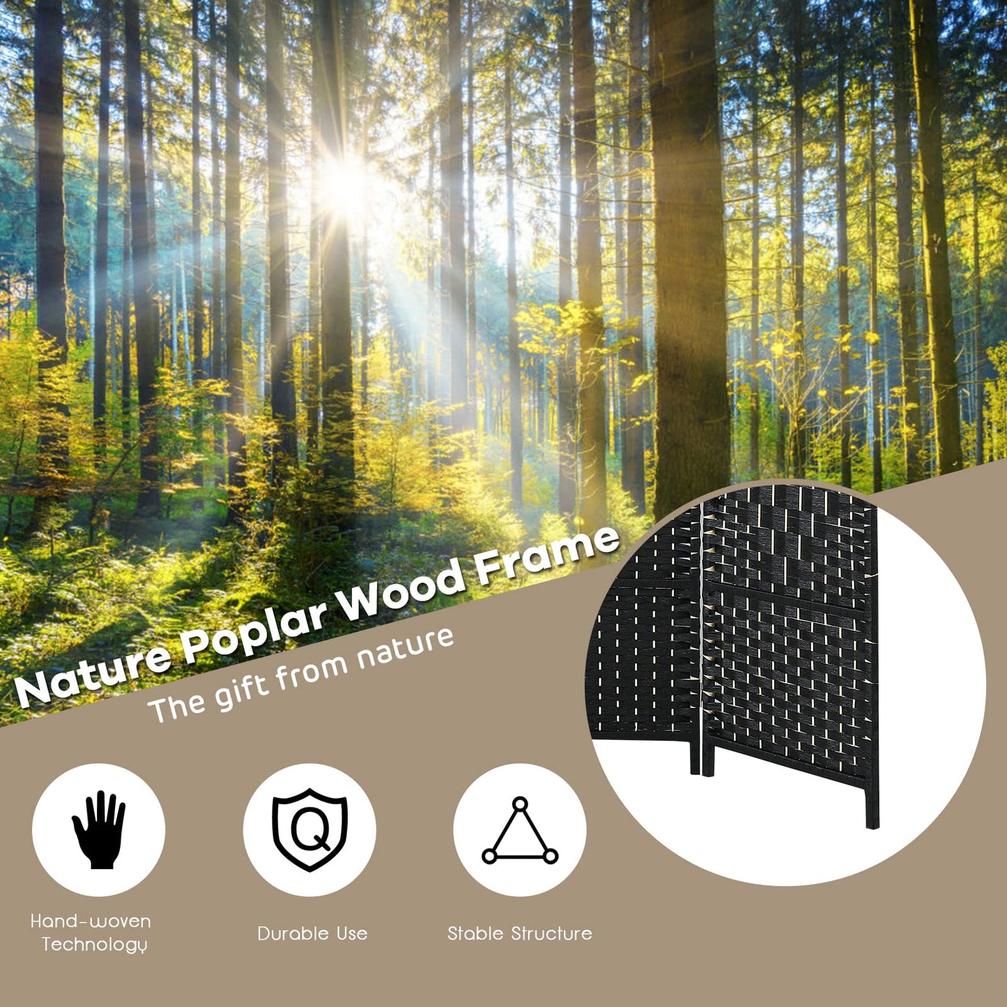 6-Panel Screen Room Divider, 6Ft Folding Privacy Screen w/Hand-woven Rattan