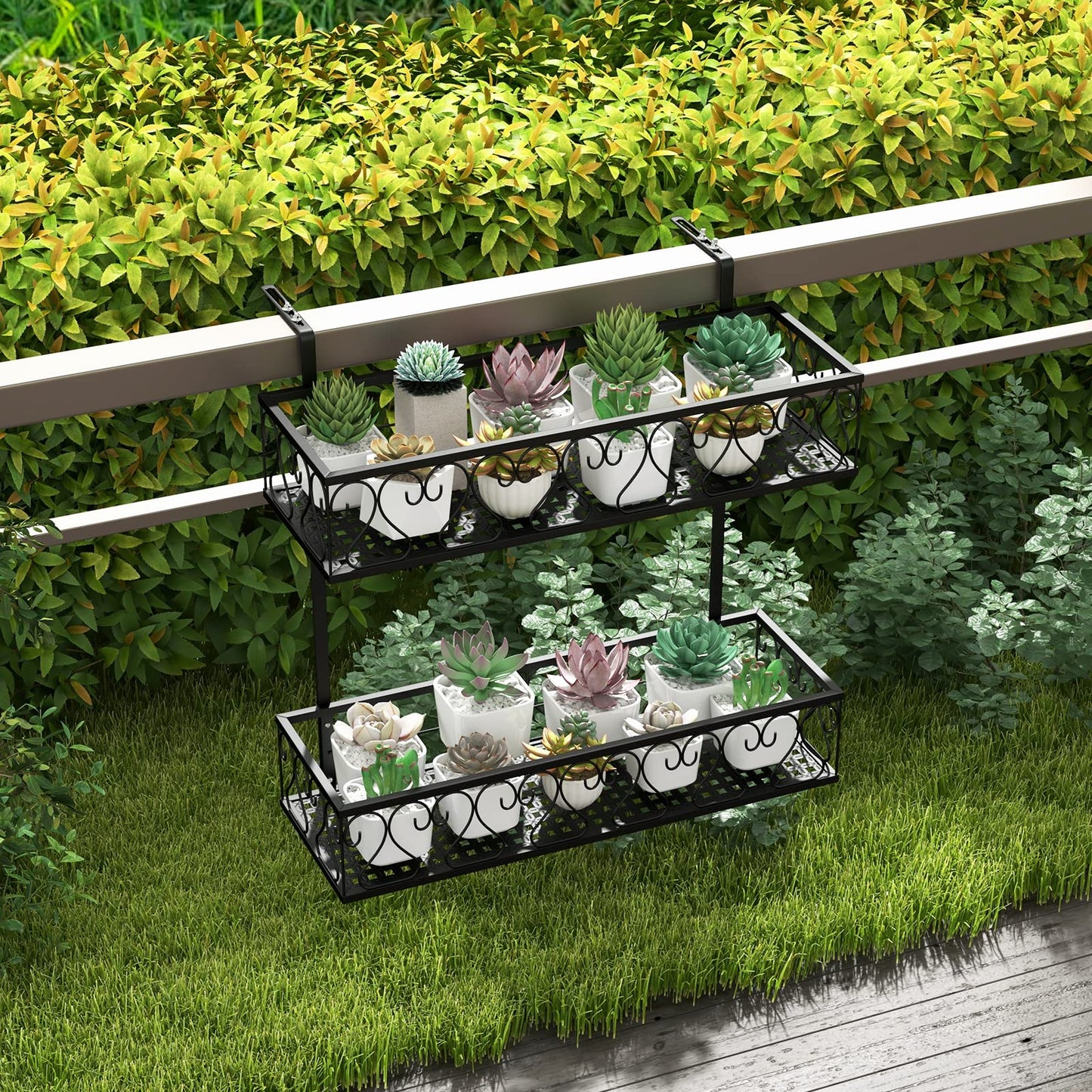 2-Tier Balcony Flowerpot Holder W/ 2 Planter Baskets