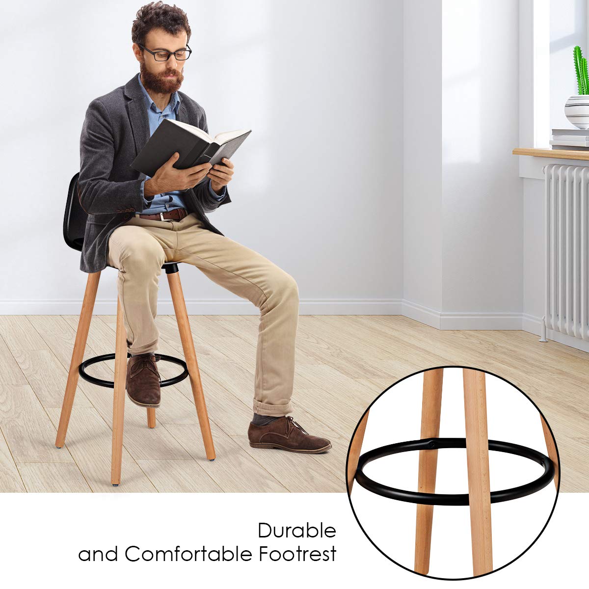 2Pcs Bar Stools, Pub High Barstool Dinning Chair w/ Round Metal Footrest, Beech Wood Legs