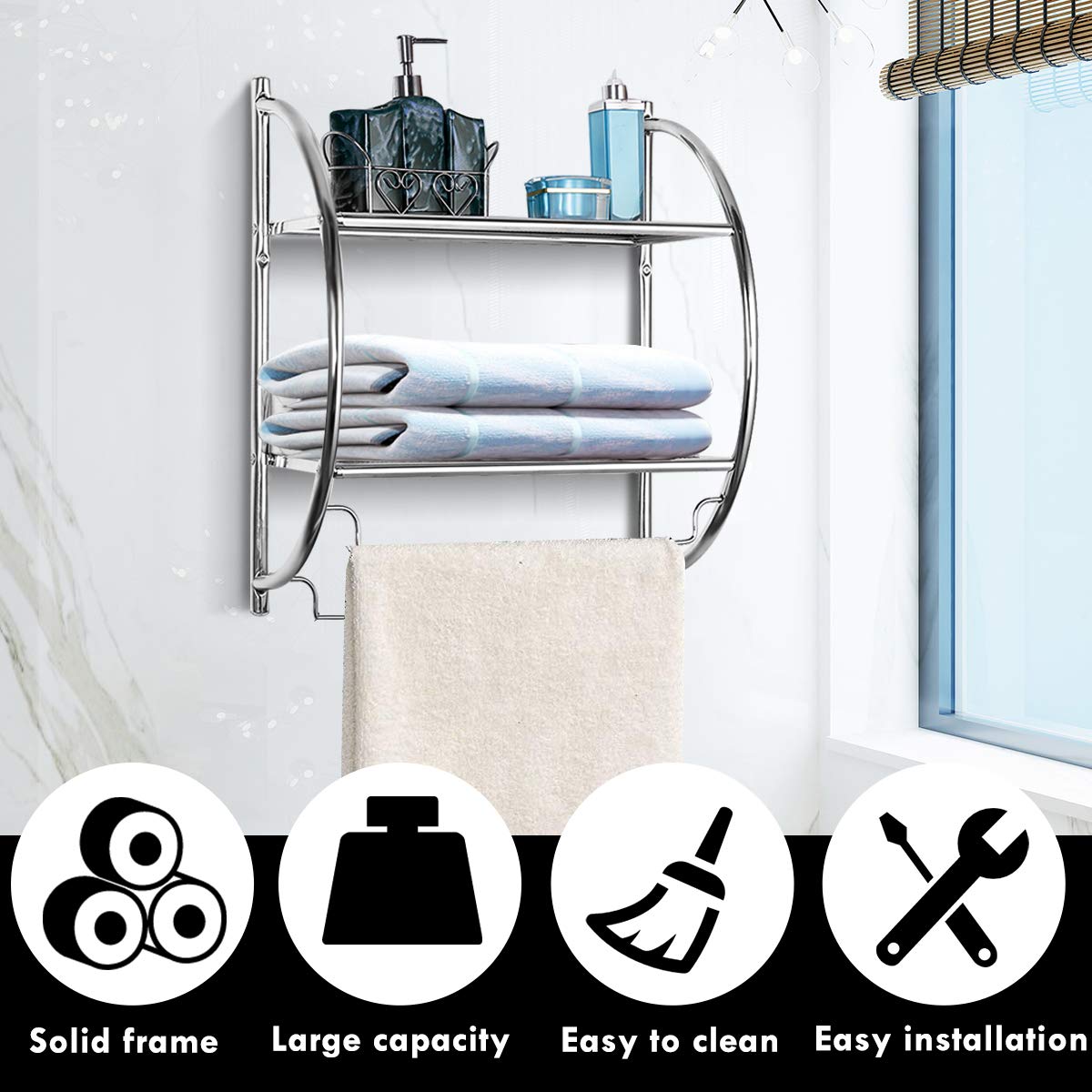 2-Tier Wall-Mounted Towel Organizer Rack with/2 Hanging Bars, Metal Bathroom Toilet Storage Shelf