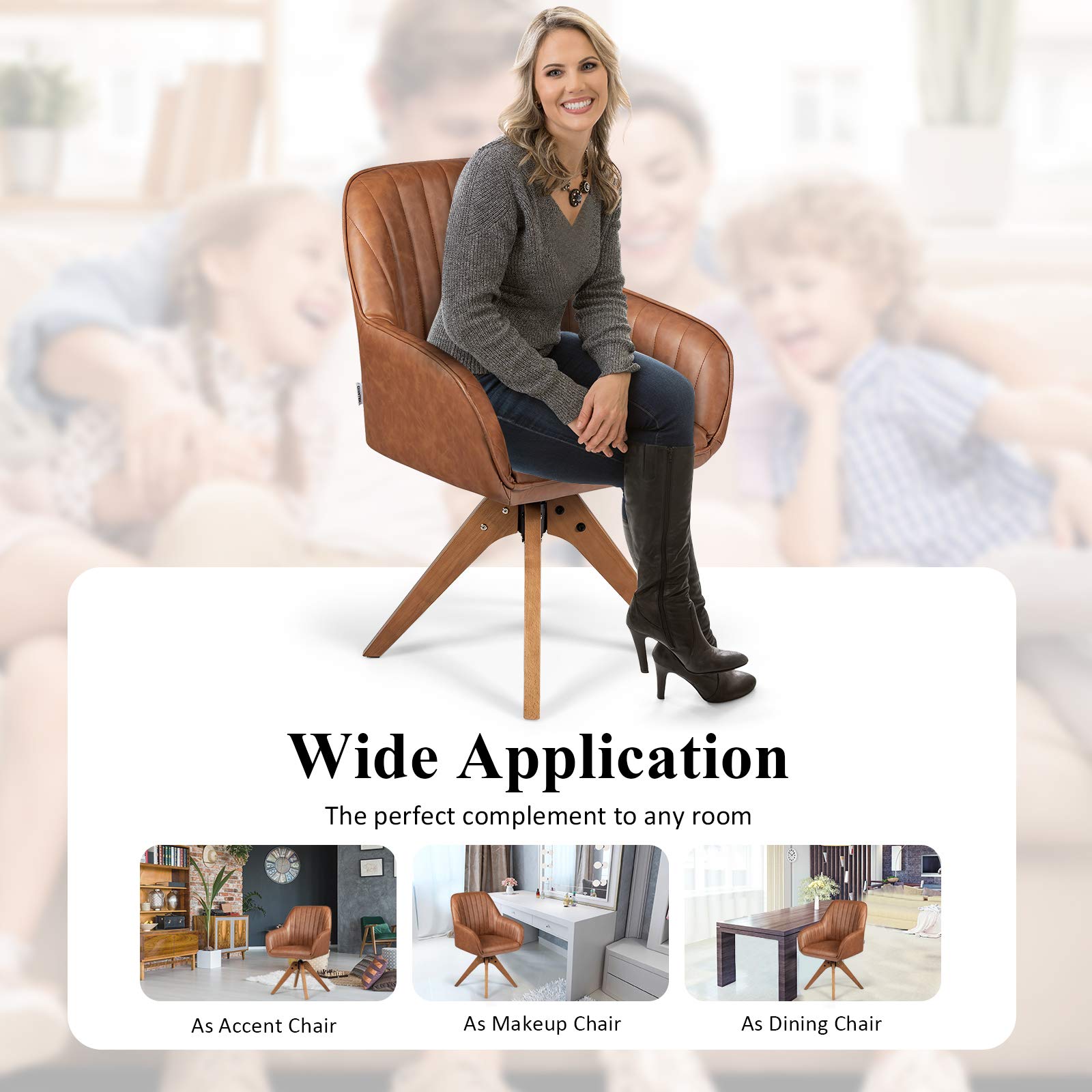 360¡ã Swivel Accent Chair, Upholstered Armchair w/High-Density Sponge, Solid Wood Legs, PU Leather, Brown