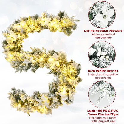 280cm Christmas Garland, Pre-Lit Flocked Garland w/180 Tips