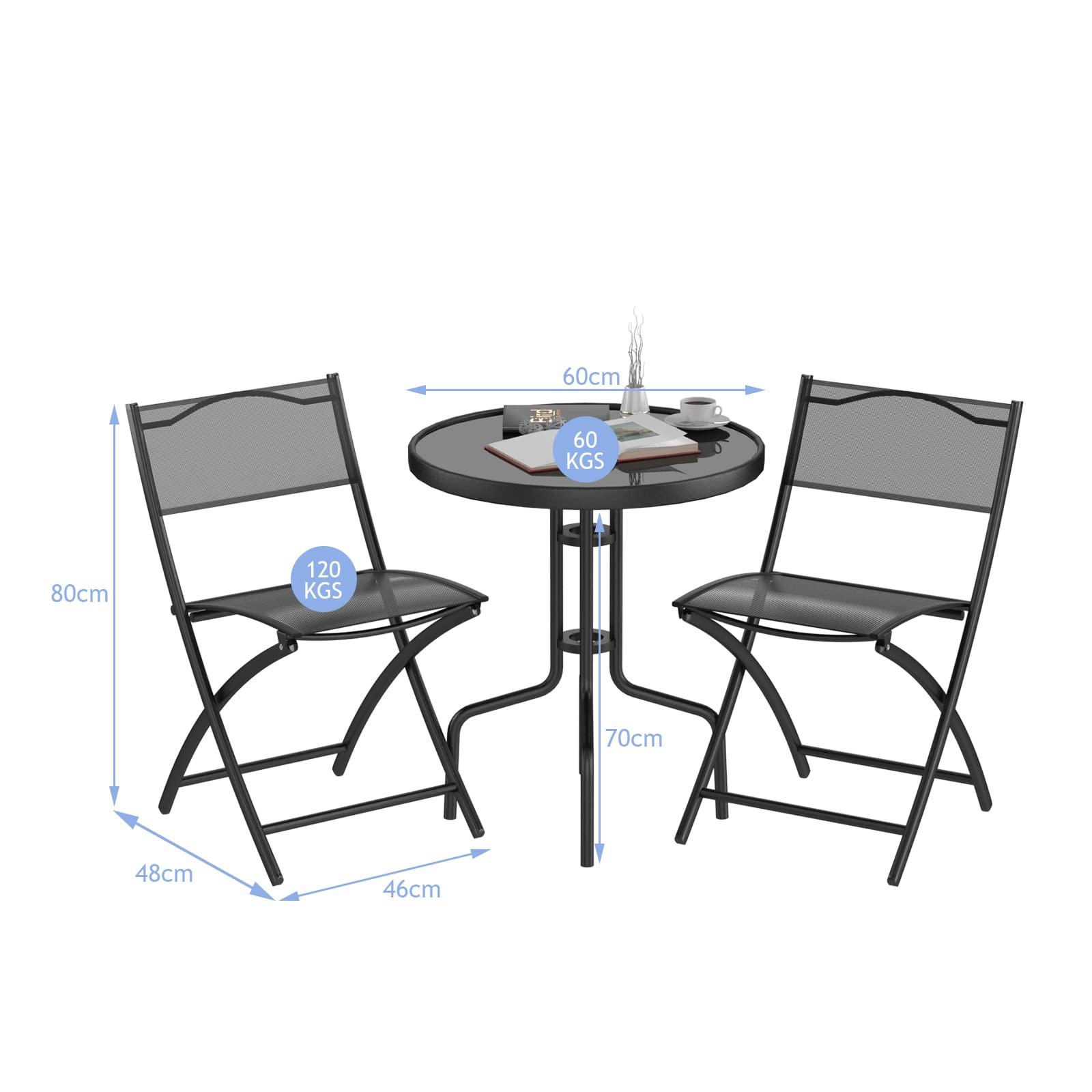 3-Piece Patio Bistro Set, Outdoor Bistro Table Set with Round Black Tempered Glass Tabletop and 2 Folding Chairs