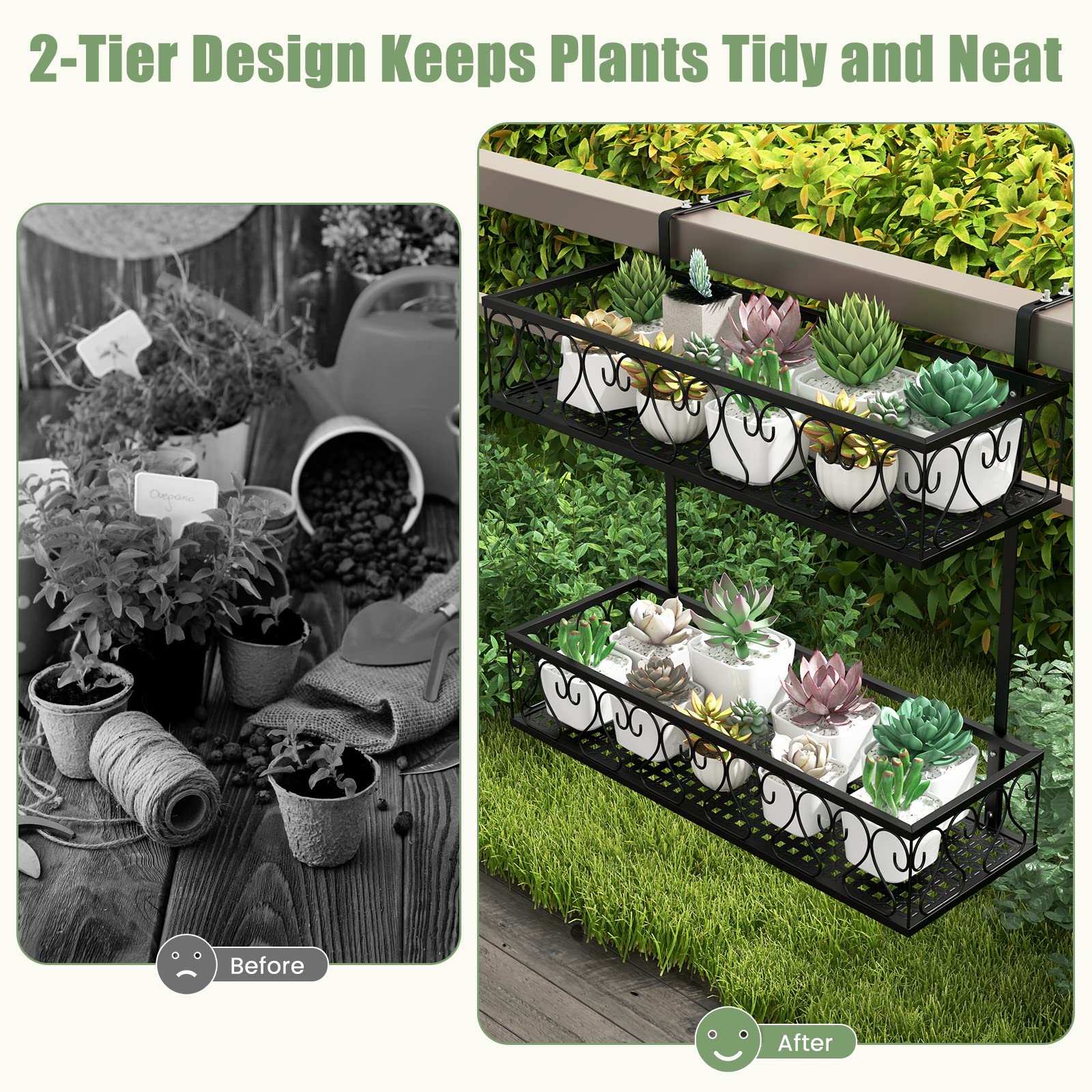 2-Tier Balcony Flowerpot Holder W/ 2 Planter Baskets