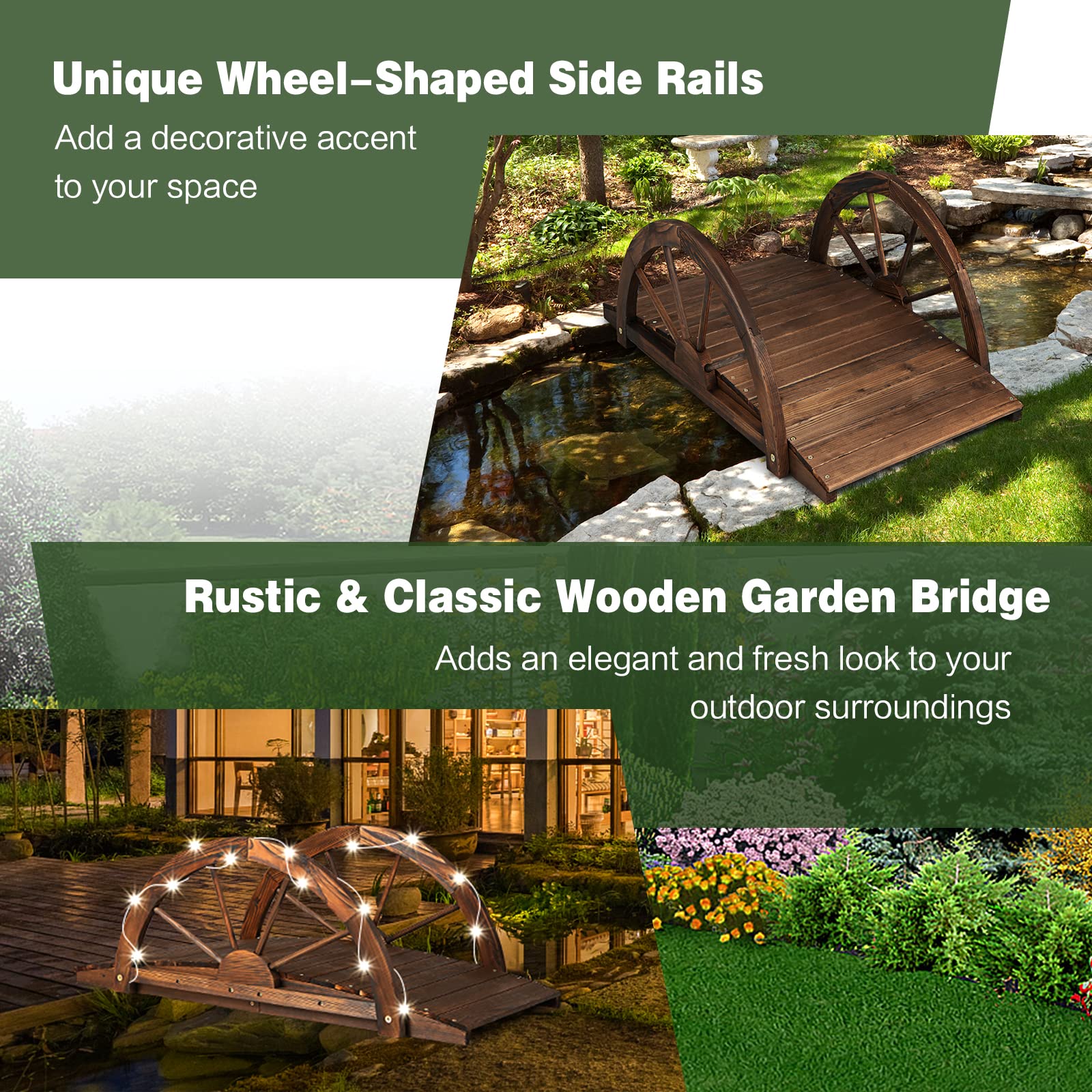 3.3 FT Wooden Garden Bridge, Carbonized Fir Wood Arc Bridge W/Wheel-Shaped Safety Railings