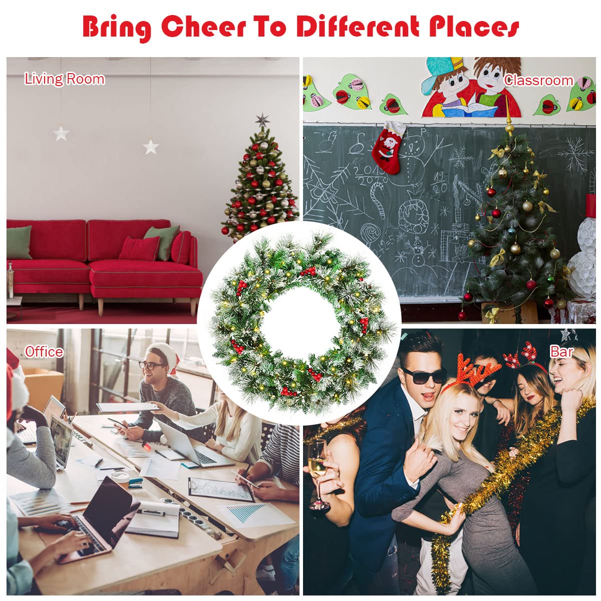 60cm Christmas Wreath, Artificial Pre-lit Lighted Christmas Wreath